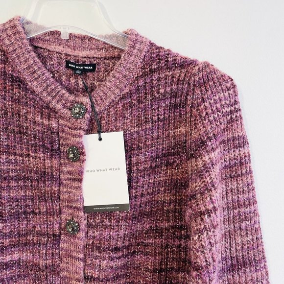 Who What Wear XS Front Gem Button Purple Women's Cardigan Crew Neck Long Sleeve - Picture 2 of 14